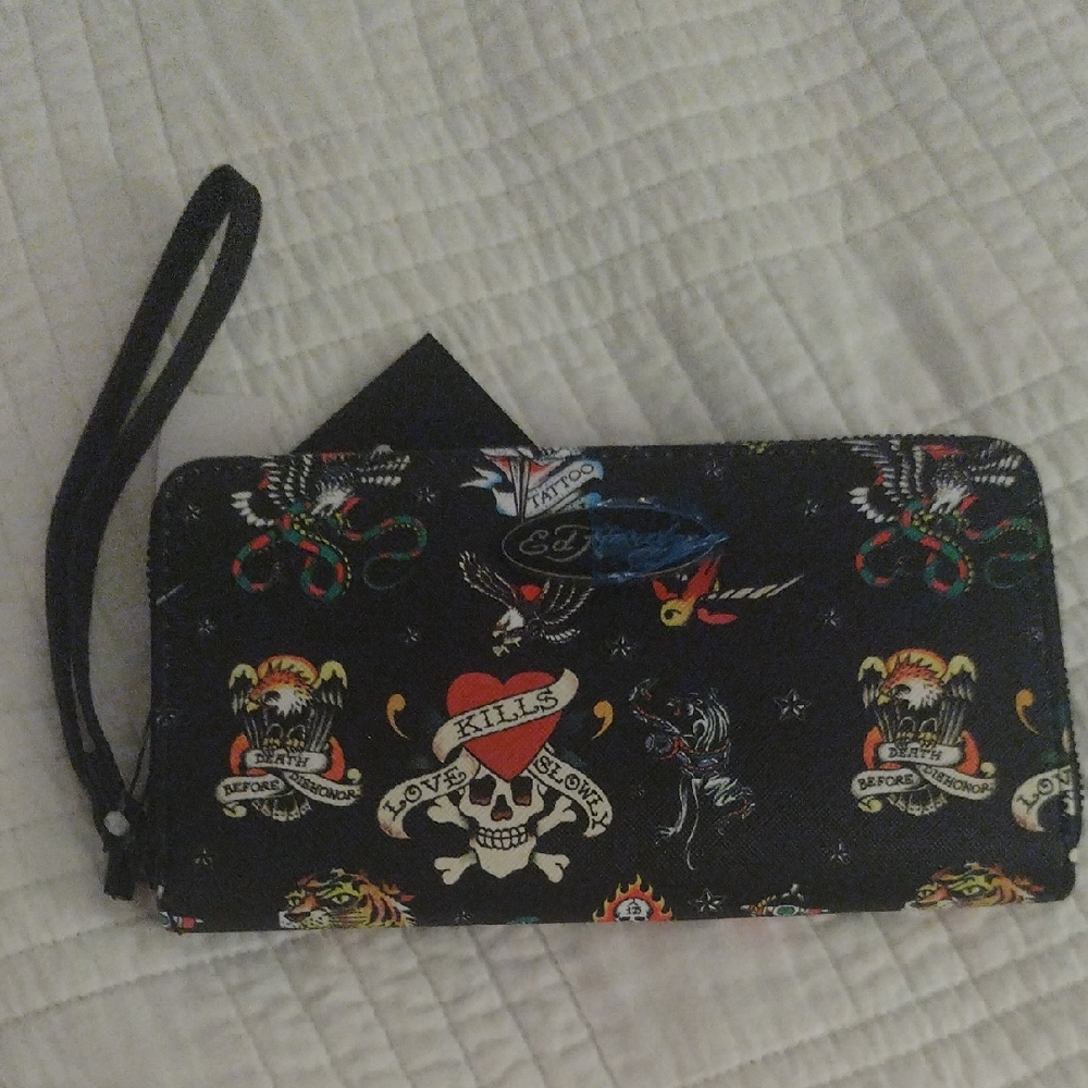 -Ed Hardy Black Wristlet/Wallet with Colorful Tattoo Art